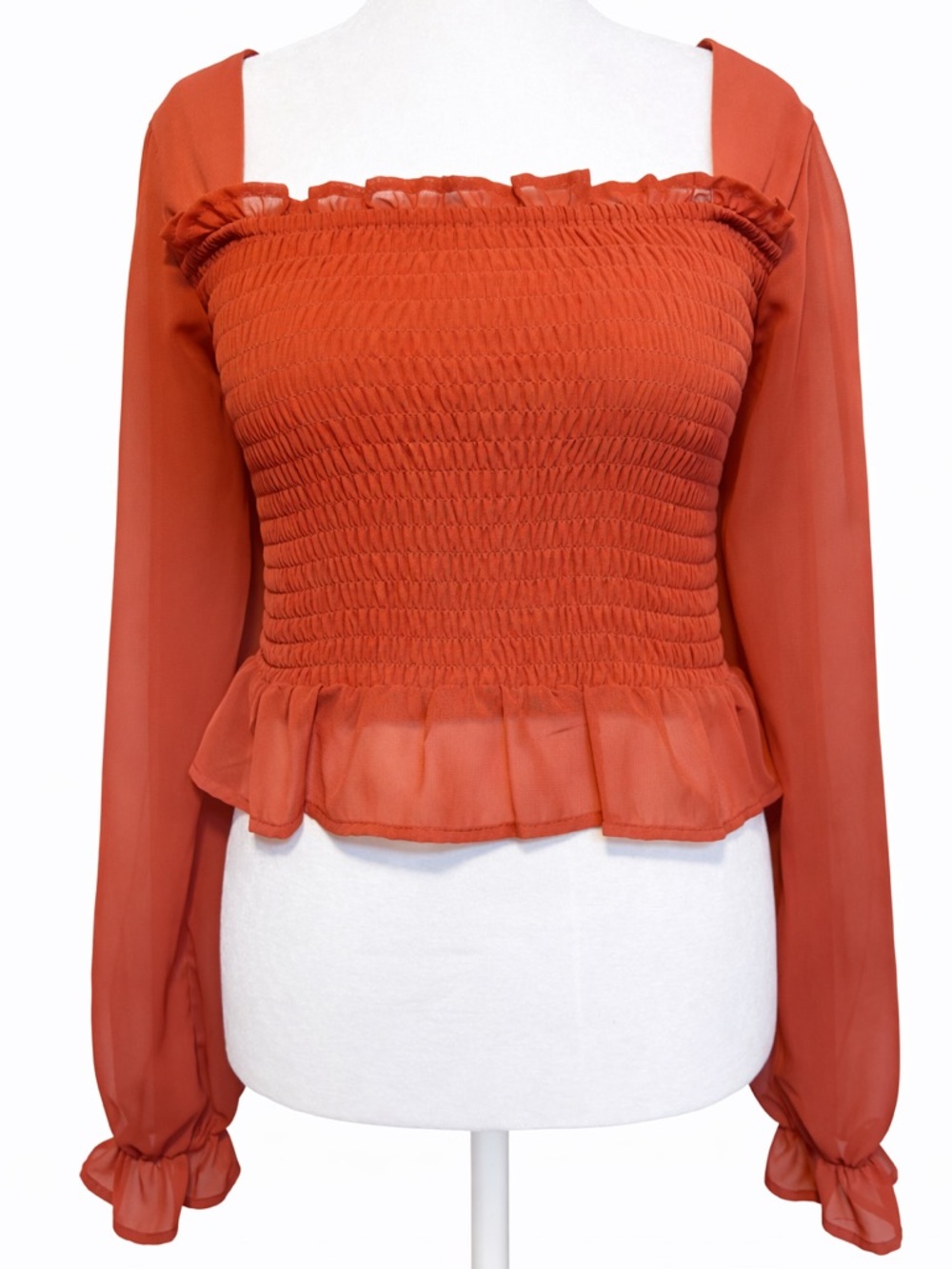 Chance or Fate Smocked Peplum Top Long Sleeve Square Neck Large Feminine Date